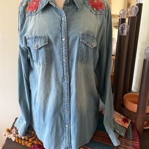 Johnny Was Blue Denim Shirt with Red Floral Embroidery